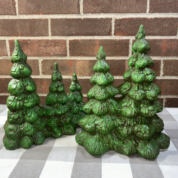 Set 2 Vintage Byron Mold Ceramic Christmas Trees Village Accessory Hand Painted - Picture 13 of 13